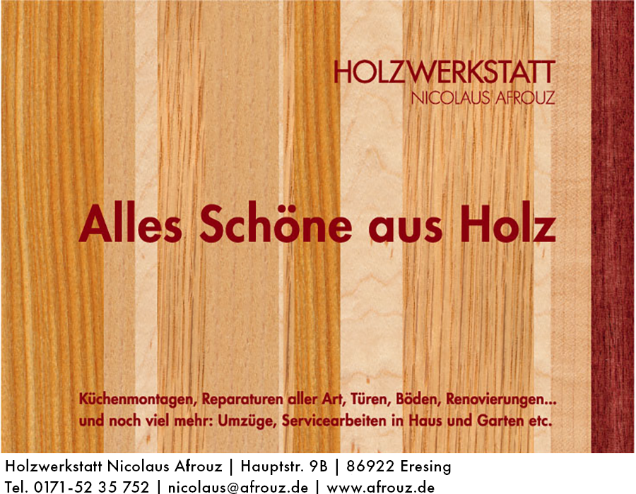 Hintergrund Holz, darüber steht Alles schöne aus Holz – Holzwerkstatt Nicolaus Afrouz